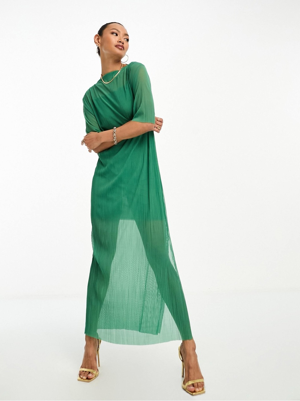 & other Stories Green Sheer Mesh Pleated Midi Dress with Short Sleeves